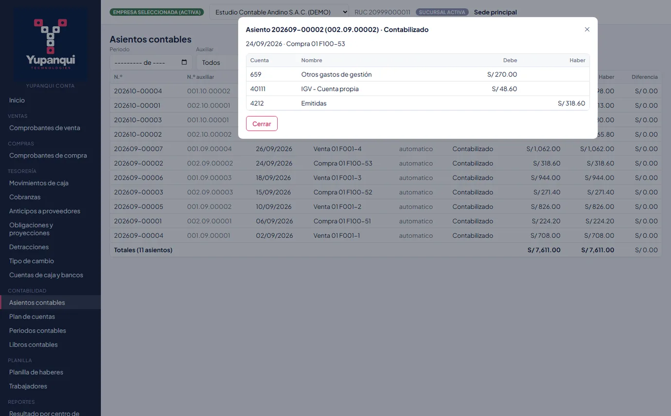 Detalle de un asiento contable con sus cuentas, debe y haber