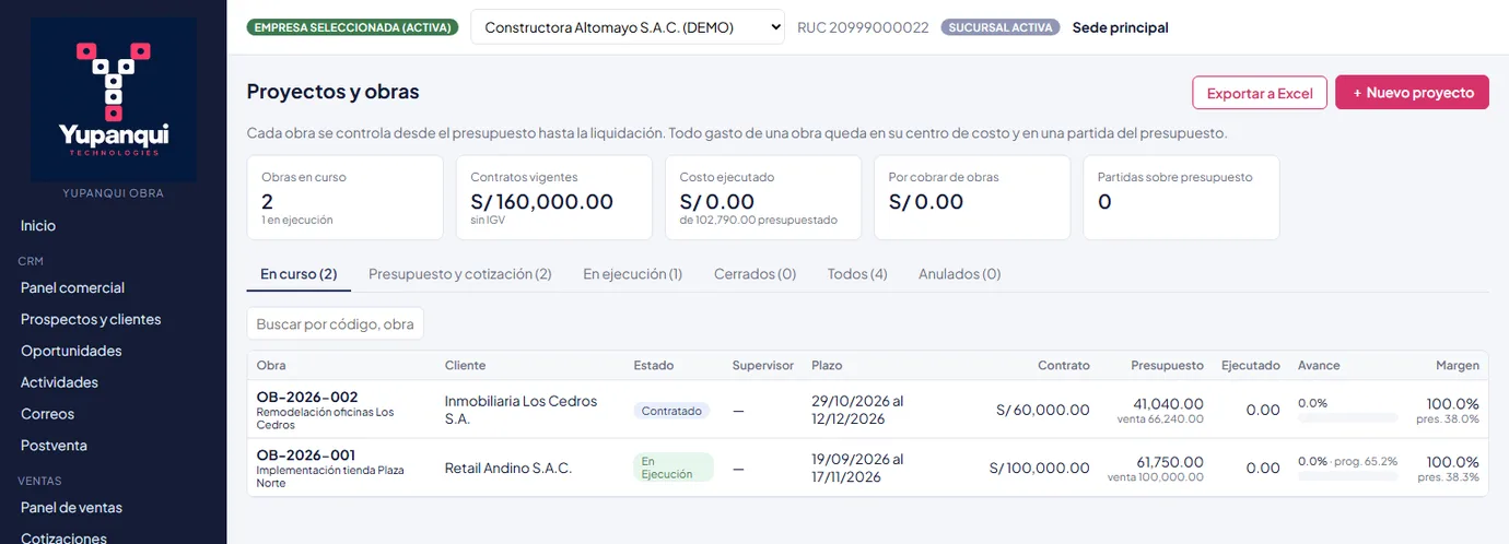 Lista de proyectos y obras con contrato, presupuesto, avance y margen